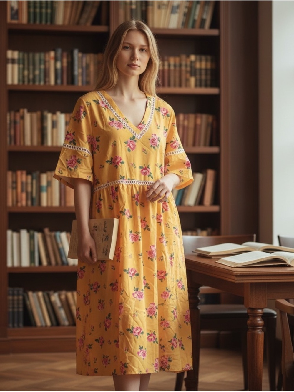 Yellow Floral V-Neck Midi Dress with Lace Trim